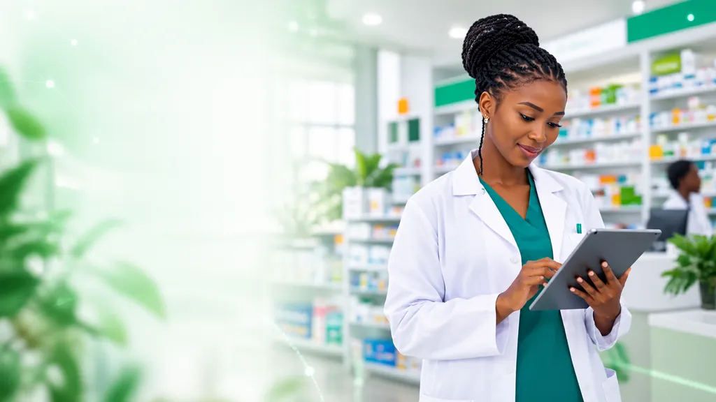 Une pharmacienne consulte son stock sur une tablette.